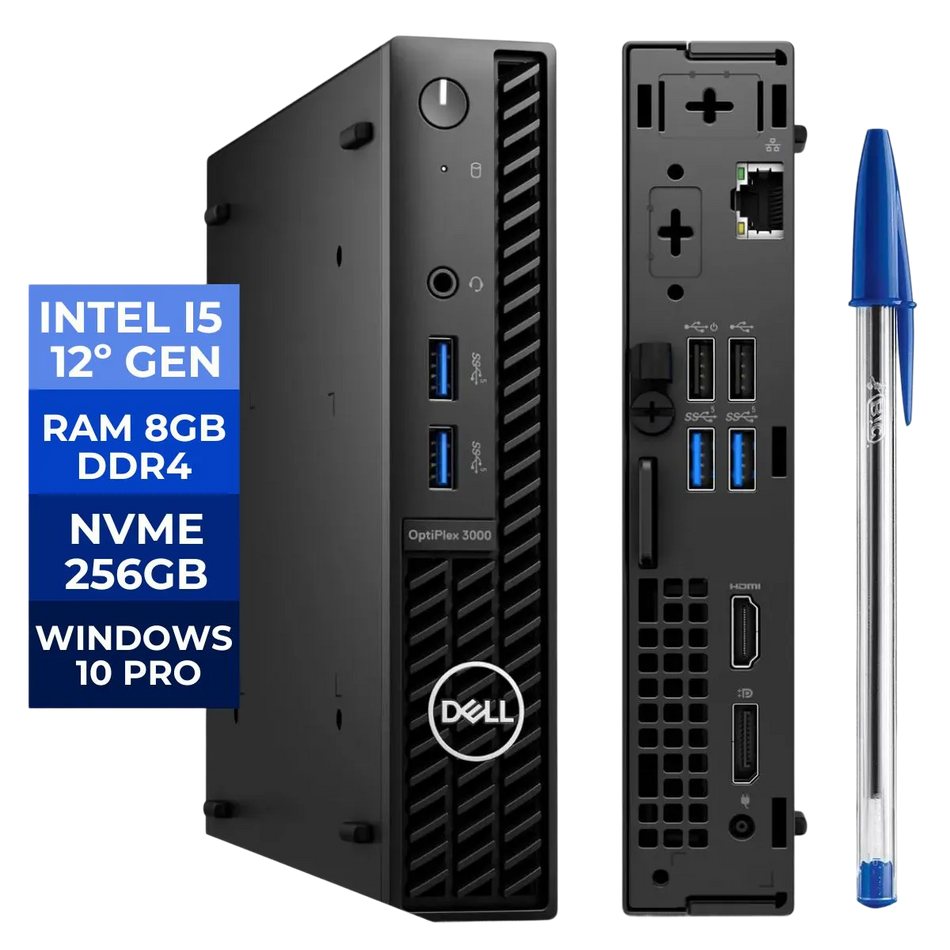 a Dell OptiPax 300 mini PC, which is a small, portable desktop computer. The computer is shown in two different views, with the front side and the back side visible. The front side of the computer displays the Intel 5th generation processor, RAM, and USB ports, while the back side shows the ports and other components. The computer is also accompanied by a blue pen, which is placed next to the computer.