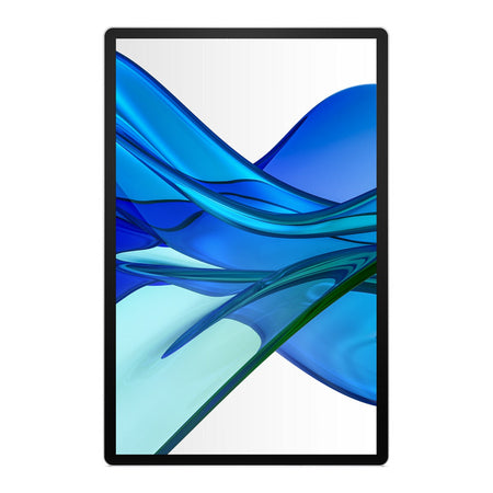 Monitor Portátil HP com tela plana preta e moldura fina, exibindo formas abstratas em tons de azul e verde.
