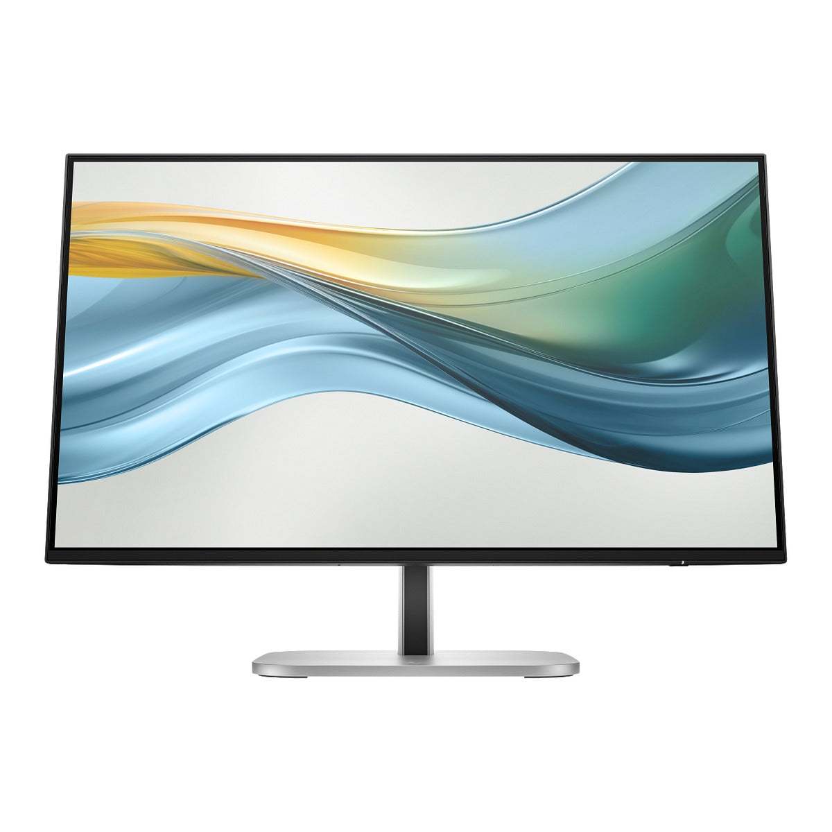 Monitor HP S5 Pro preto com tela plana de bordas finas e base prateada, exibindo formas abstratas em tons de azul e verde.