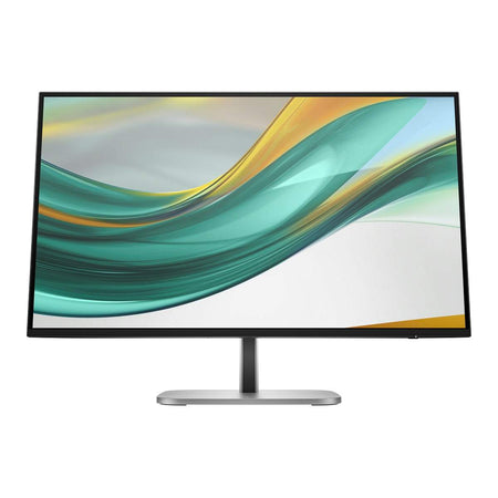 Monitor HP S5 Pro de tela plana com bordas finas, moldura preta e base prateada; exibe arte abstrata em tons de verde e amarelo.