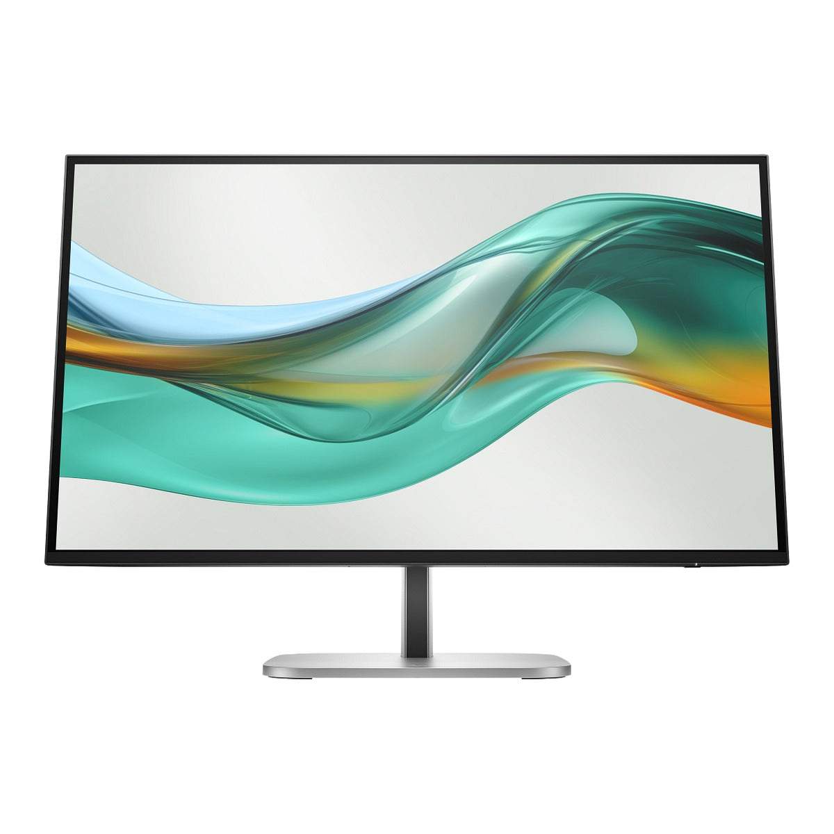 Monitor HP S5 Pro preto, com tela plana de bordas finas, suporte central e base prateada; exibe ondas abstratas coloridas.