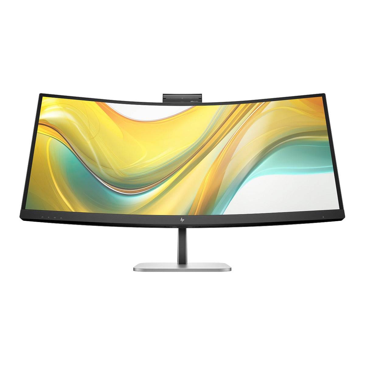 Monitor HP S5 Pro preto, com tela ultrawide curva e moldura fina, suporte metálico e câmera integrada no topo.