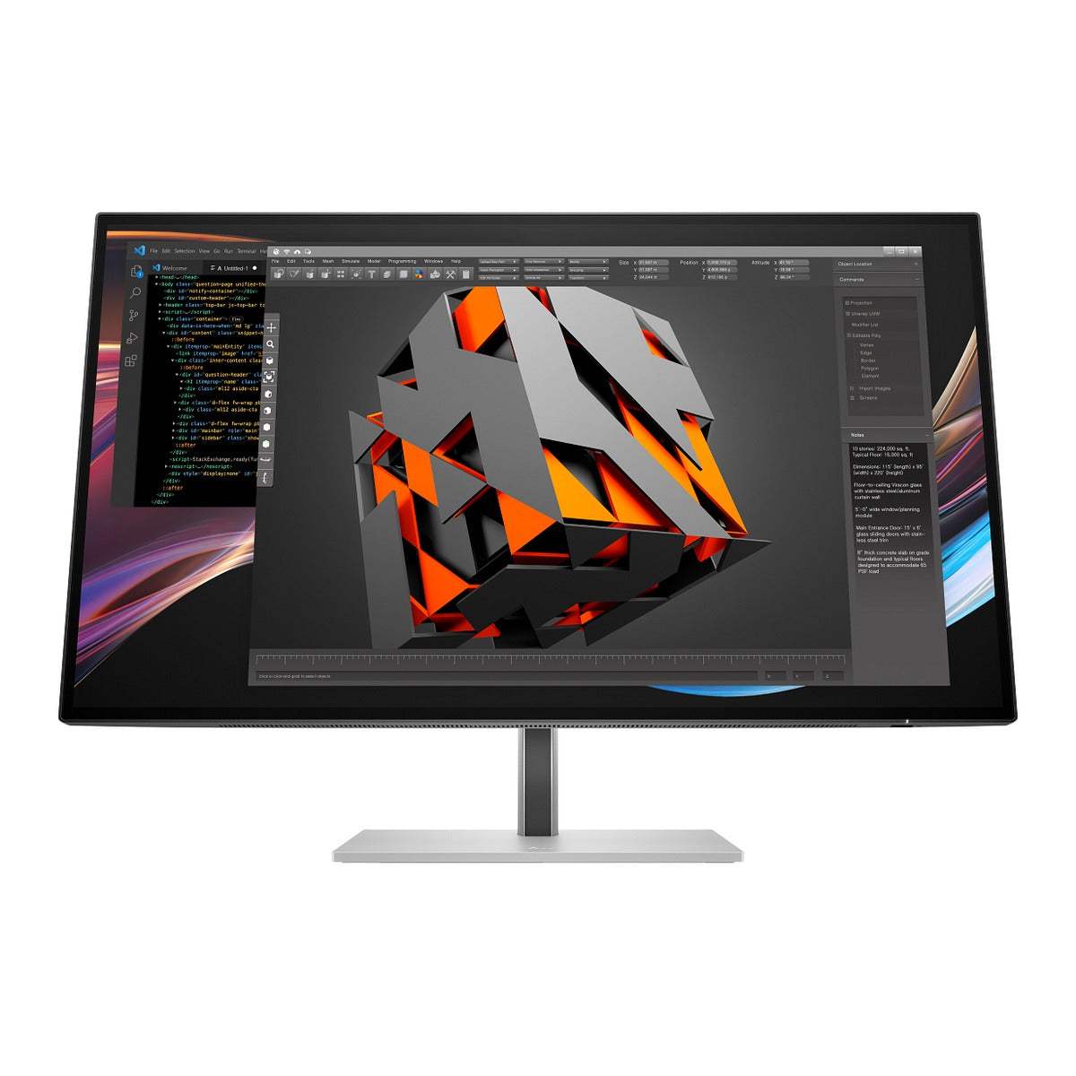 Monitor HP S7 Pro preto com tela plana e bordas finas, suporte e base prateados; exibe arte geométrica em laranja e cinza.