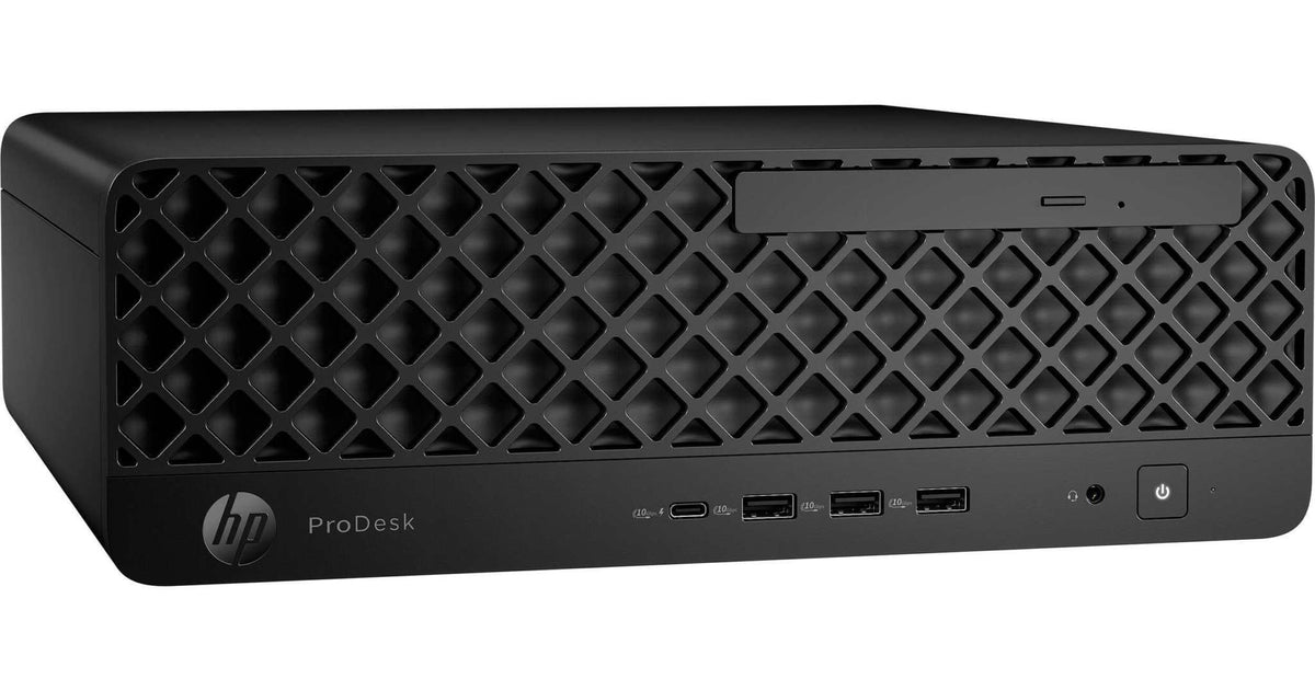 Desktop HP ProDesk 4 em gabinete compacto preto, com grade frontal geométrica, portas USB e botão de energia.