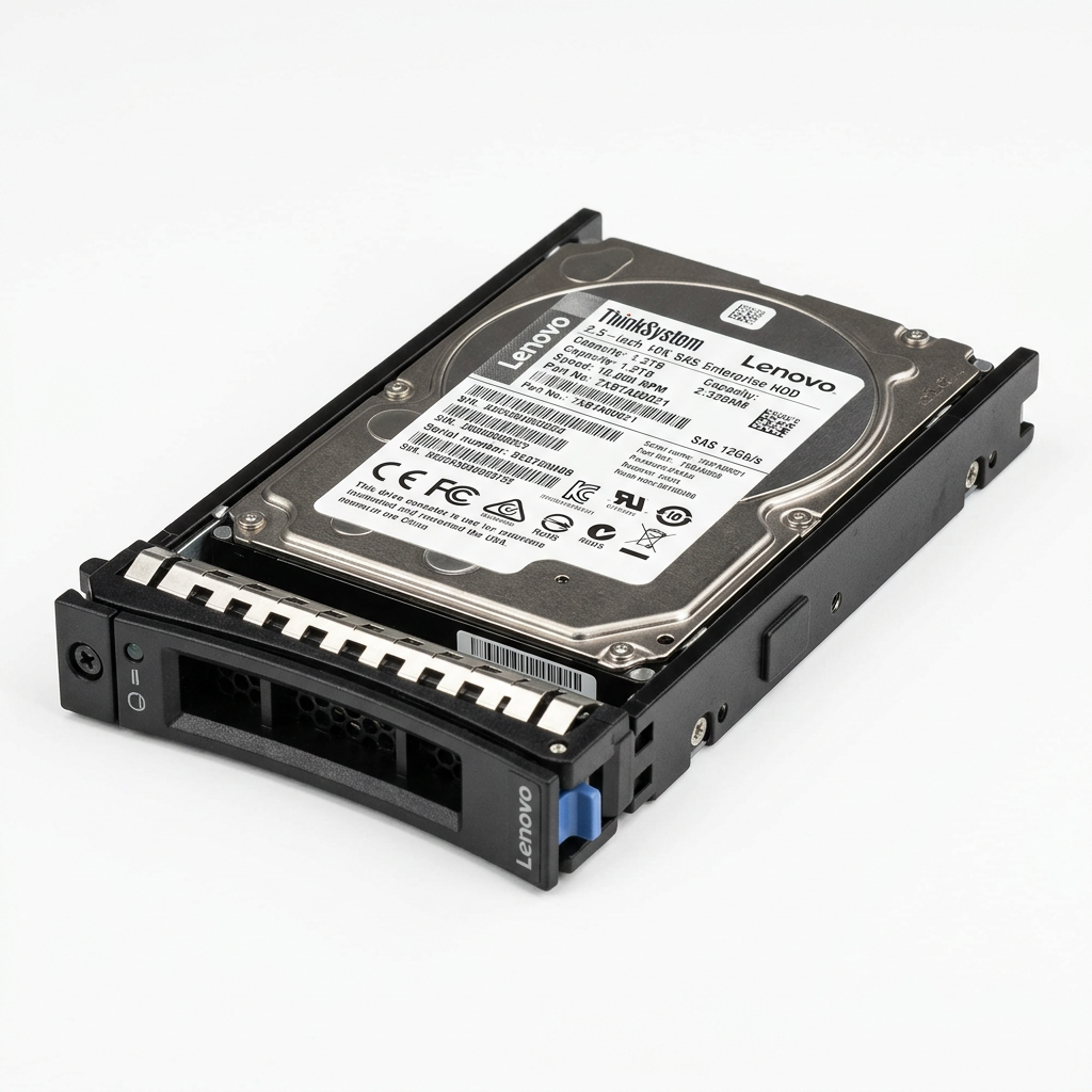 Disco rígido Lenovo em estrutura metálica prateada e suporte preto, com conector frontal; Disco Lenovo ISG SAS para servidores.