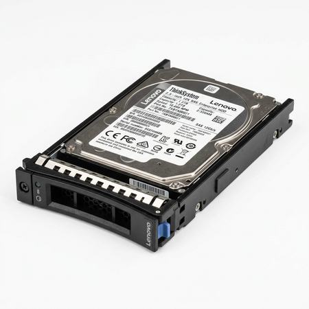 Disco rígido Lenovo em estrutura metálica prateada e suporte preto, com conector frontal; Disco Lenovo ISG SAS para servidores.
