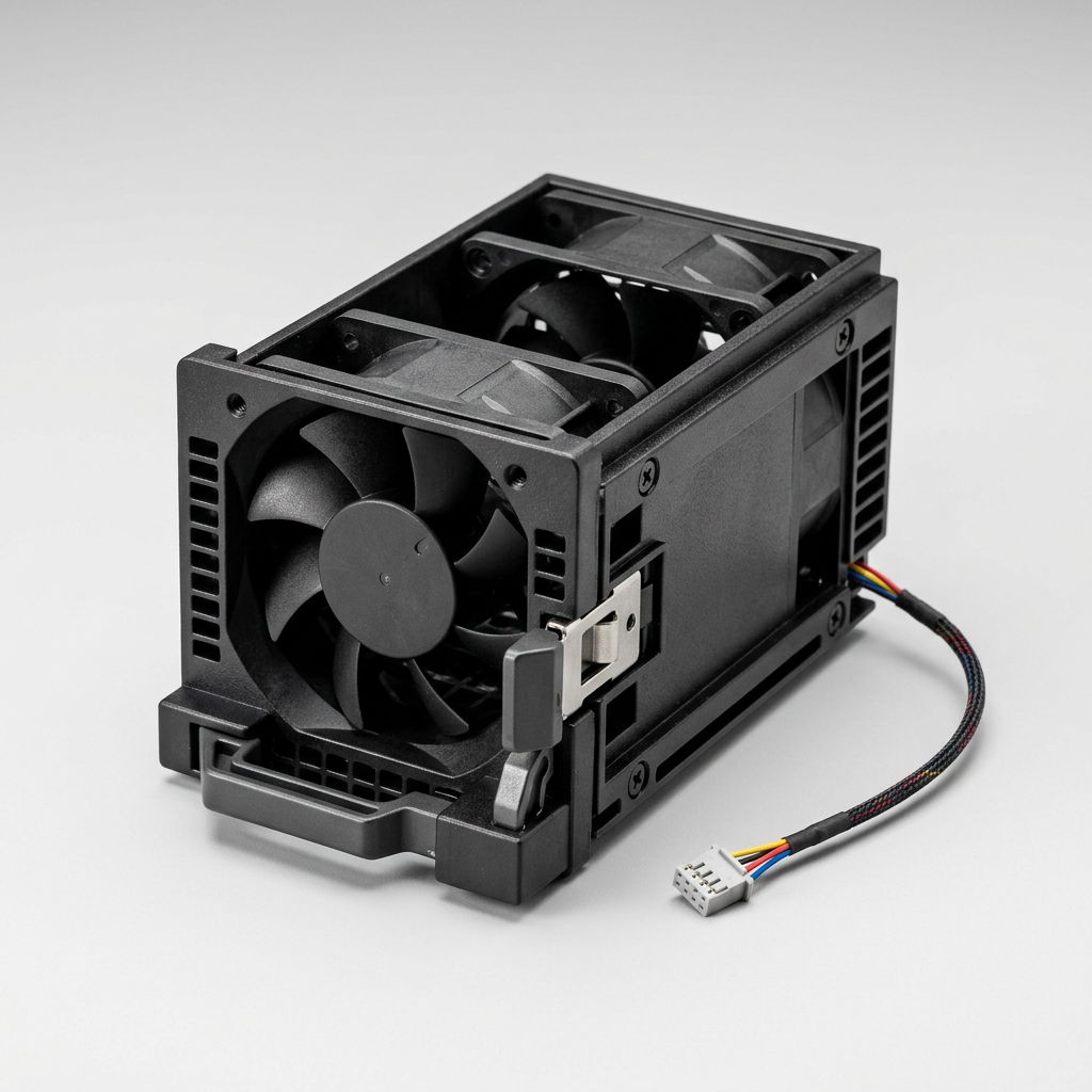 Kit Ventilação Lenovo com módulo de ventoinha dupla em plástico preto, rotores contrarrotativos e cabo conector colorido.