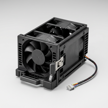 Kit Ventilação Lenovo com módulo de ventoinha dupla em plástico preto, rotores contrarrotativos e cabo conector colorido.