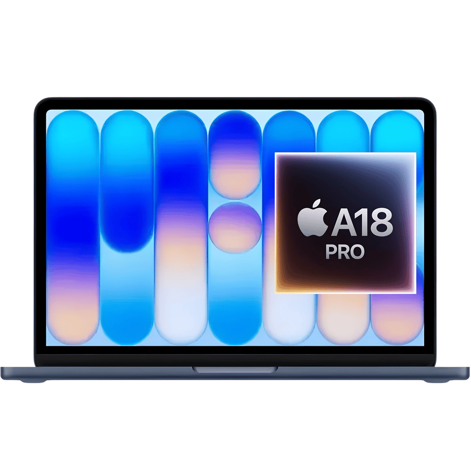 MacBook Neo 13 A18 Pro prateado, com estrutura metálica e tela exibindo o chip Apple A18 Pro.