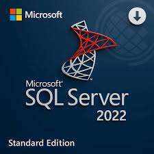 Microsoft SQL Server 2022 Enterprise em embalagem digital azul, com logotipo SQL Server colorido e indicação da edição Standard.