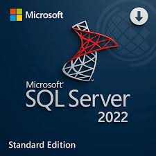 Microsoft SQL Server Standard 2022, edição Standard, com logotipo Microsoft e gráfico de rede vermelho e branco.