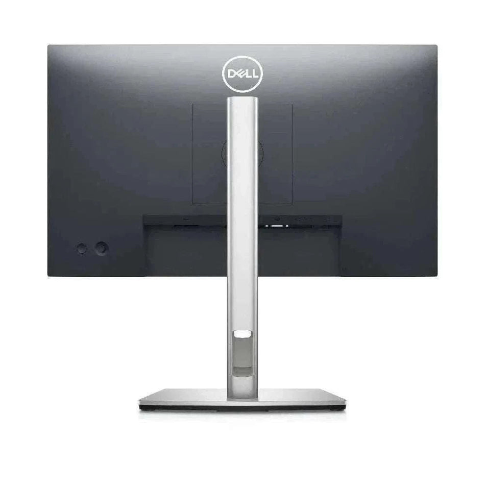 Monitor Dell P2725H preto com acabamento fosco e suporte prateado, exibindo a parte traseira e base retangular.