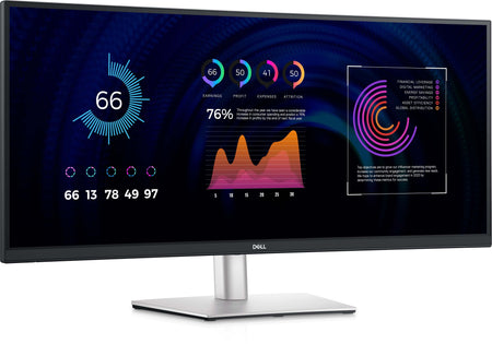 Dell 34" UltraSharp Monitor CSG P3424WE showing colorful data visualizations and performance graphs on screen.