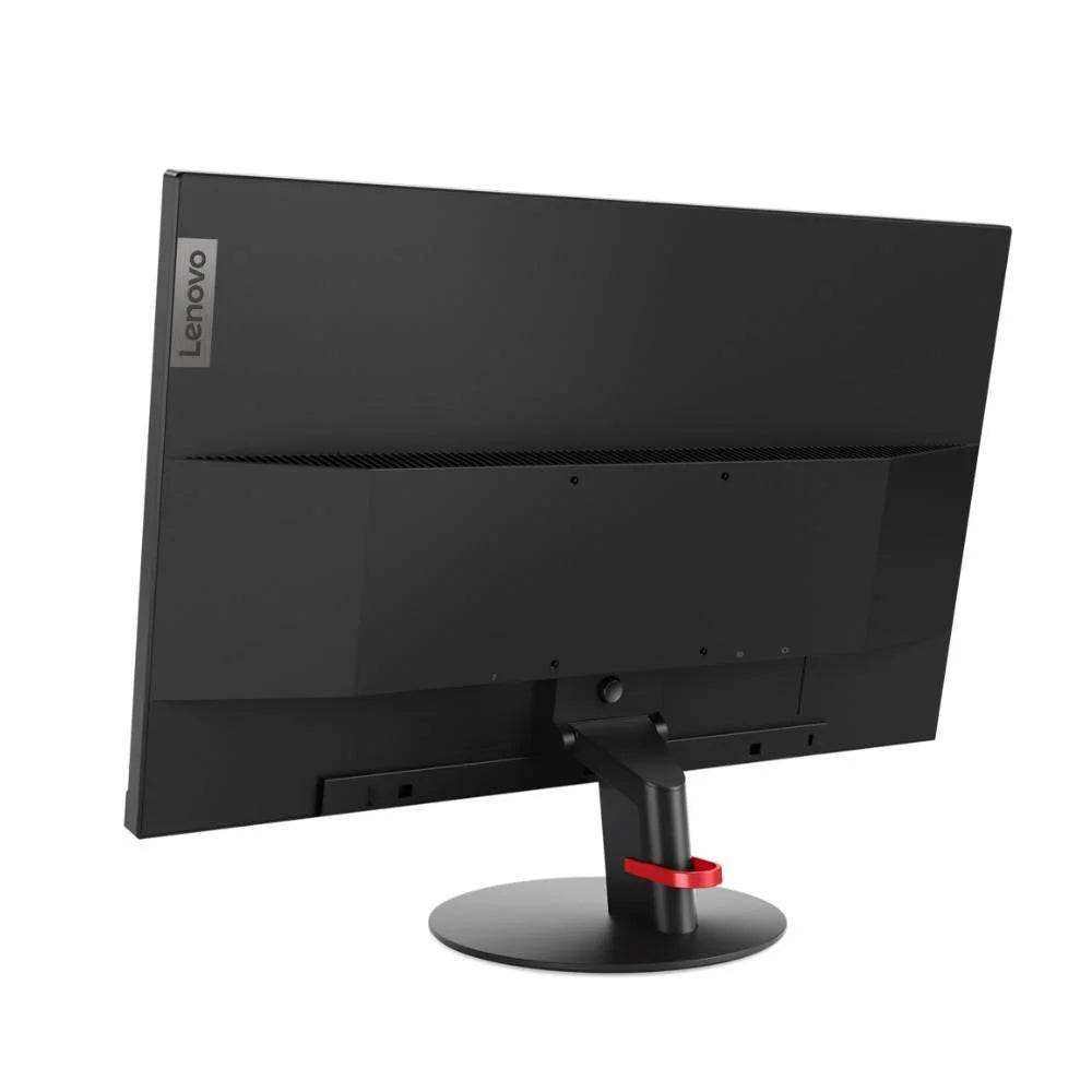 Montor Lenovo ThinkVison preto, com acabamento fosco, traseira lisa e suporte de base circular com detalhe vermelho.