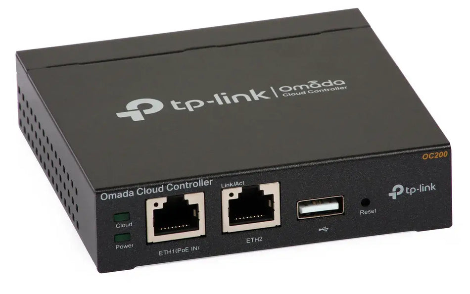Controlador TP-LINK Omada OC200 com 2 portas Ethernet e USB para gerenciamento de rede.
