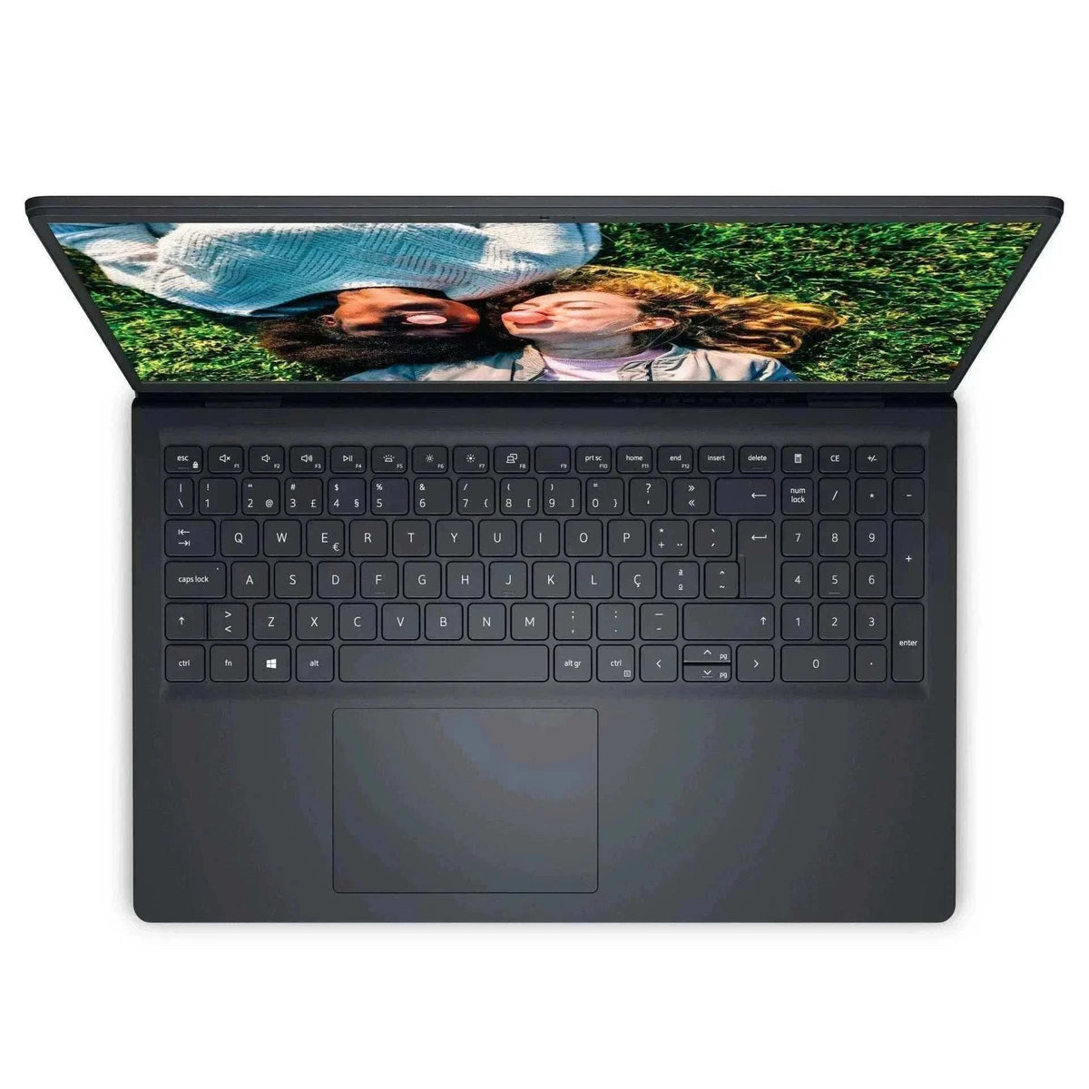 Notebook Dell Latitude cinza-escuro com acabamento liso, teclado completo com numérico e tela exibindo uma foto de família