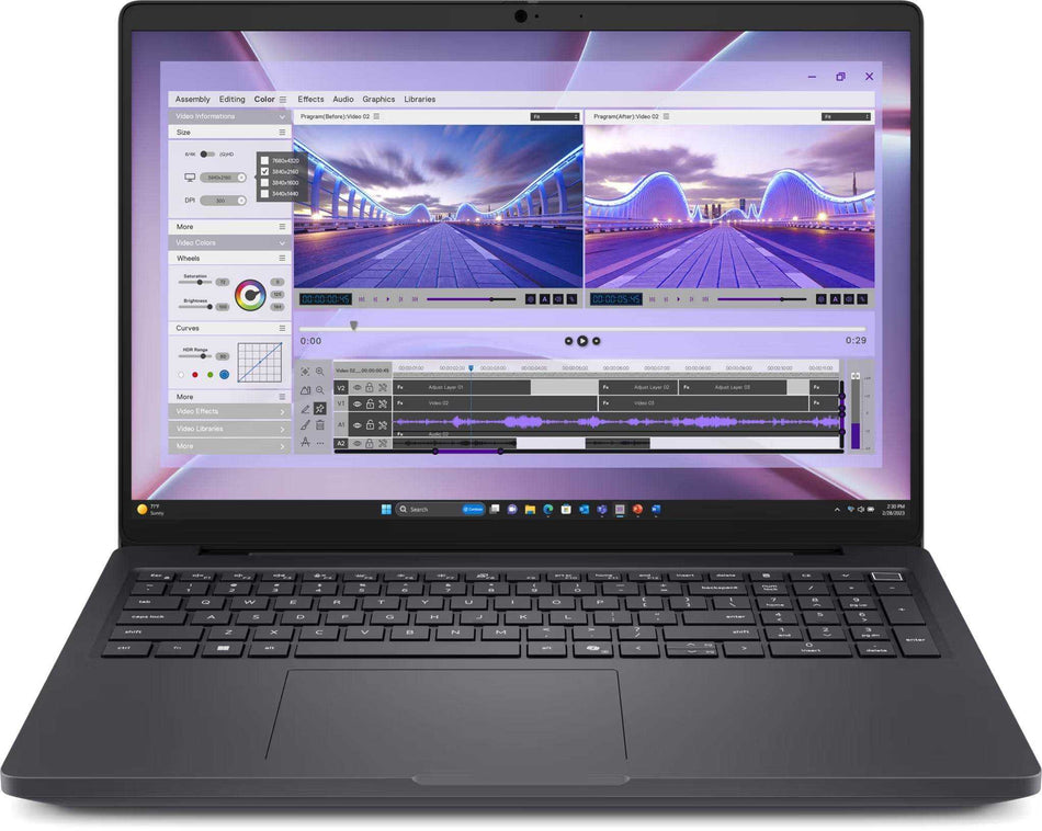 a laptop with a video editing software interface open on its screen. The software interface shows various editing tools and options, including a timeline, timeline effects, and a video player. The laptop is placed on a white surface, and the image does not contain any text.