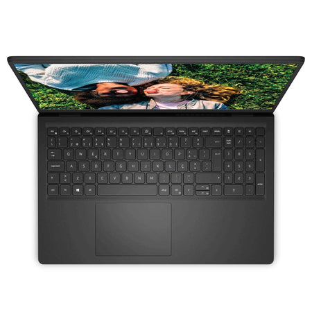 Notebook Lenovo V15 G4 preto, com acabamento fosco, teclado numérico integrado e tela com imagem de pessoas ao ar livre.