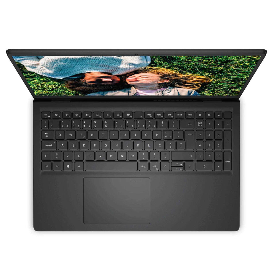 Notebook Lenovo V15 G4 preto, com acabamento fosco, teclado numérico integrado e tela com imagem de pessoas ao ar livre.