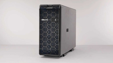 Servidor Dell PowerEdge T550 em torre, gabinete preto e cinza com painel frontal preto perfurado e logotipo Dell EMC.