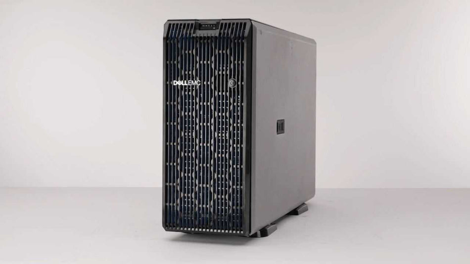 Servidor Dell PowerEdge T550 em torre, gabinete preto e cinza com painel frontal preto perfurado e logotipo Dell EMC.