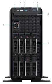 Servidor Dell PowerEdge torre preto, com painel frontal perfurado, unidade óptica e oito baias frontais para discos.
