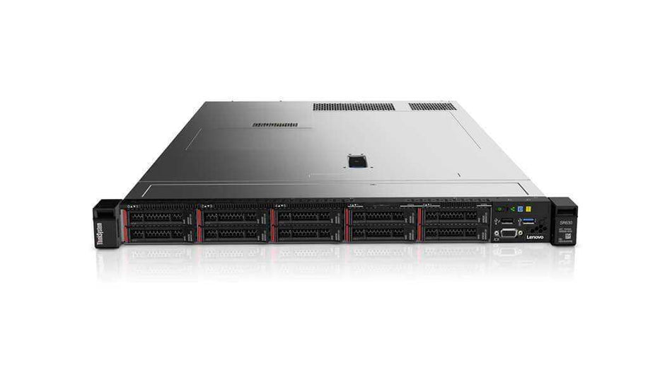 Servidor Lenovo em gabinete rack preto e cinza, com painel frontal de baias para unidades e detalhes vermelhos.