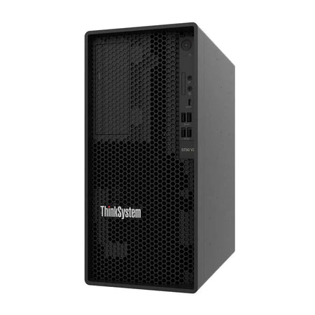 Lenovo ThinkSystem ST50v3 tower server with a sleek black design and ventilation grille, ideal for enterprise solutions.