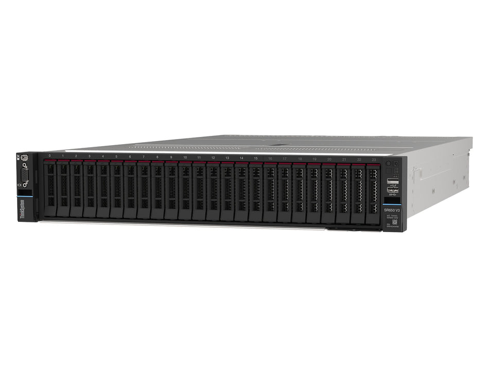Servidor Lenovo ThinkSystem SR650 V3 rack 2U, vista frontal em perspectiva com baias de disco frontais
