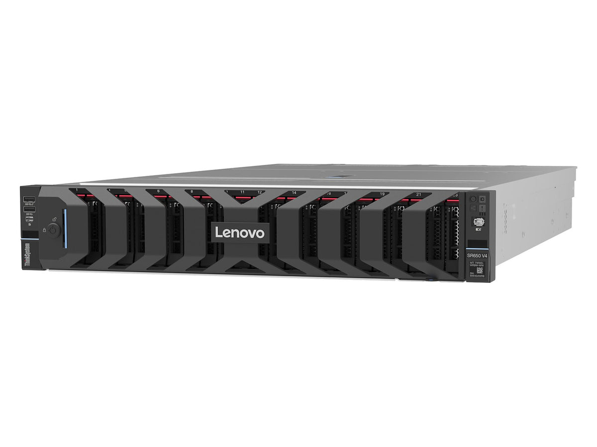 Servidor Lenovo ThinkSystem SR650 V4 rack 2U, vista frontal em perspectiva com painel frontal Lenovo e baias de disco