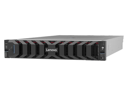 Servidor Lenovo ThinkSystem SR650 V4 rack 2U, vista frontal em perspectiva com painel frontal Lenovo e baias de disco