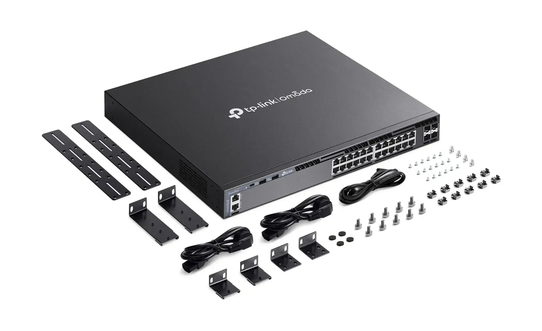 Switch TP-LINK Gigabit 24 portas PoE+ com 4 SFP 10G e acessórios para instalação.