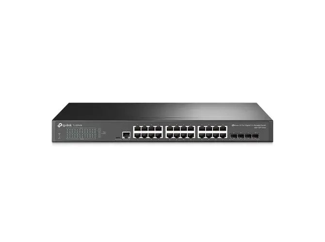 Switch TP-LINK 24 portas gerenciável TL-SG3428 com 4 slots SFP, interface RJ45 e porta console.