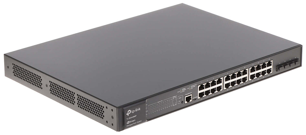 Switch TP-LINK Gigabit 24 portas PoE+ e 4 SFP TL-SG3428MP, ideal para rede robusta e montagem em rack.