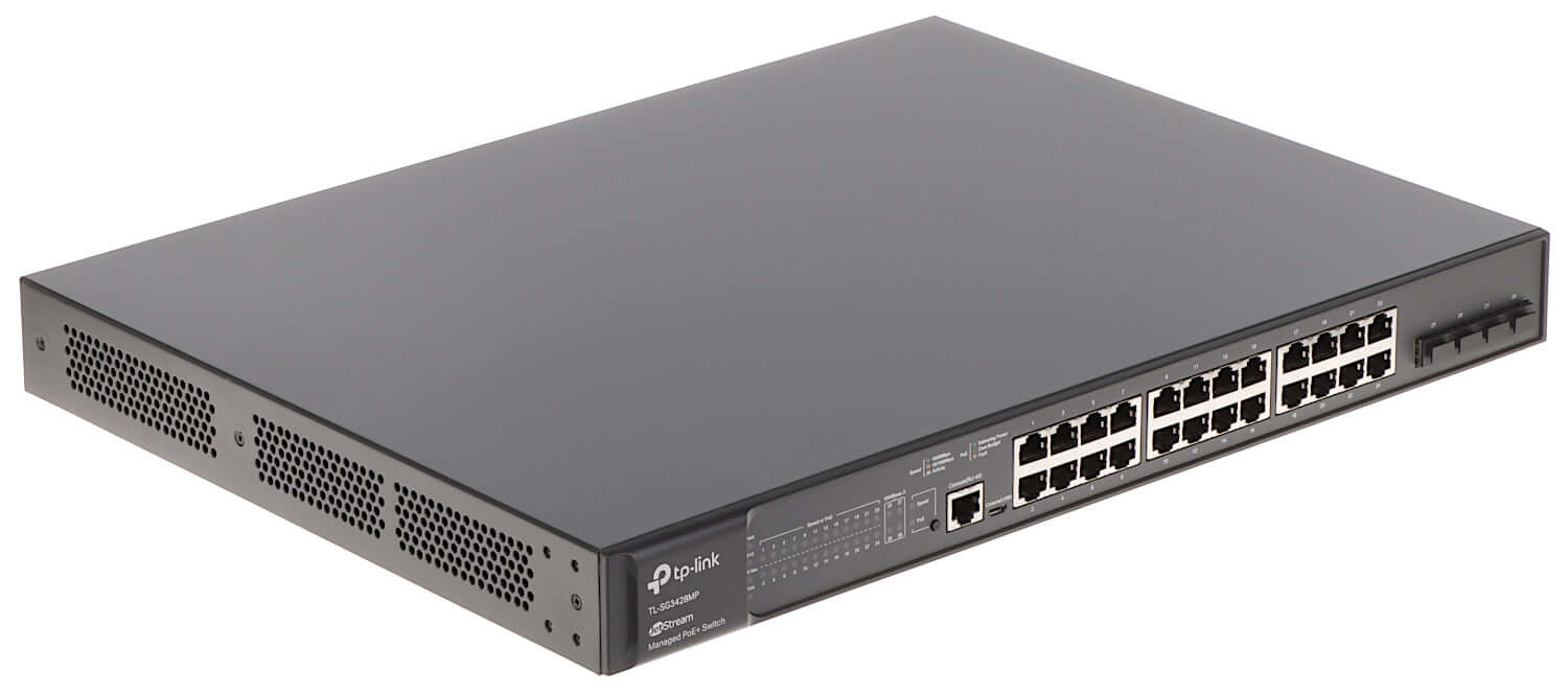 Switch TP-LINK Gigabit 24 portas PoE+ e 4 SFP TL-SG3428MP, ideal para rede robusta e montagem em rack.