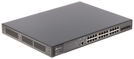 Switch TP-LINK Gigabit 24 portas PoE+ e 4 SFP TL-SG3428MP, ideal para rede robusta e montagem em rack.