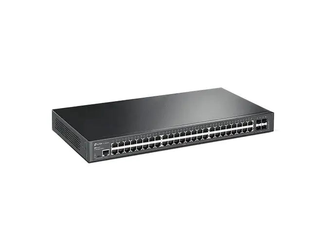 Switch TP-LINK TL-SG3452 com 48 portas RJ45 e 4 slots SFP, montagem em rack, design compacto e sem ventoinha.