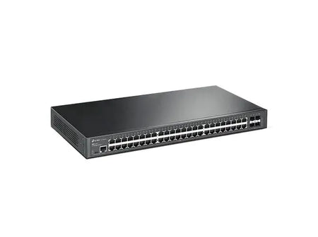 Switch TP-LINK TL-SG3452 com 48 portas RJ45 e 4 slots SFP, montagem em rack, design compacto e sem ventoinha.
