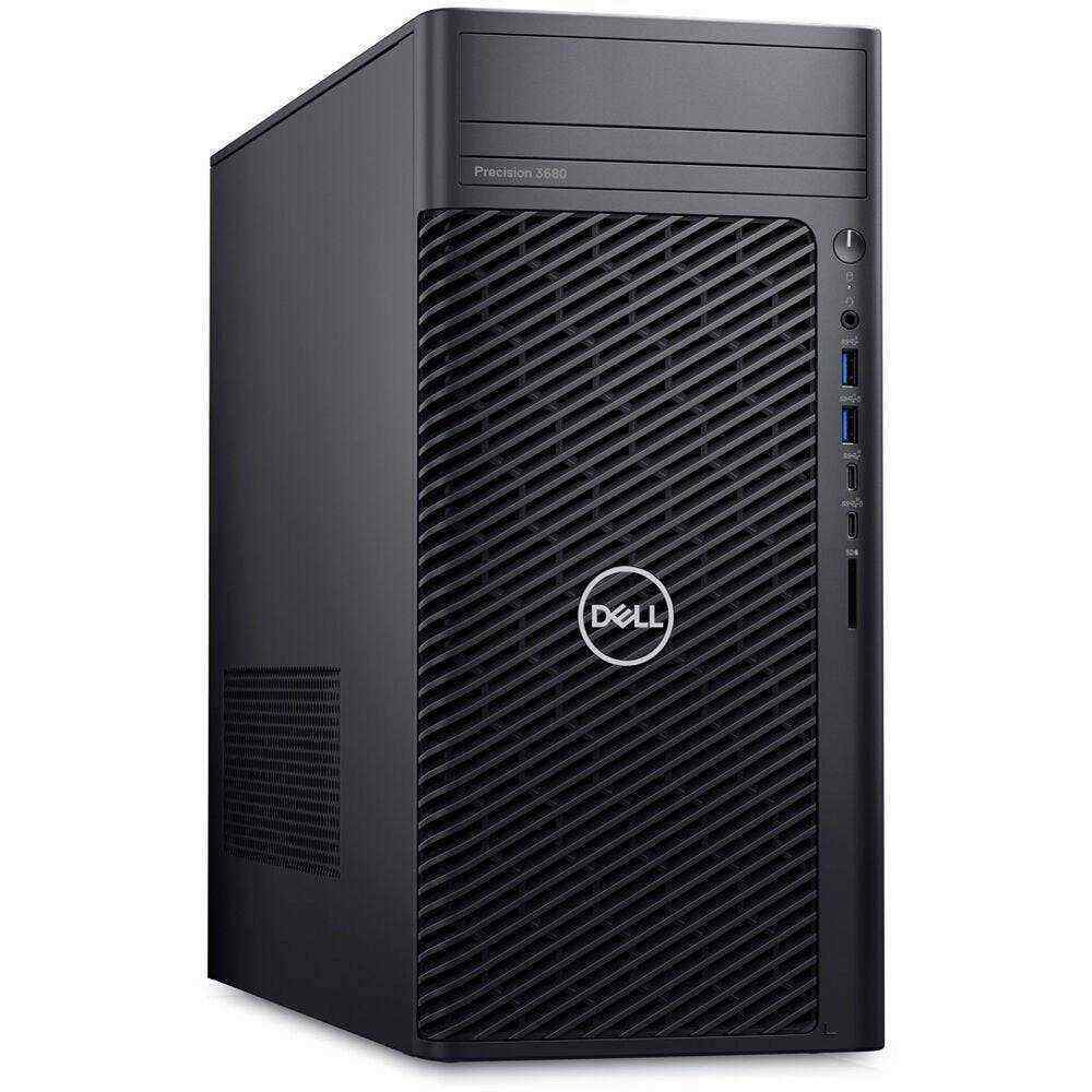 Workstation Dell Pro Max em gabinete preto fosco, com painel frontal de grade diagonal, logotipo Dell e portas laterais