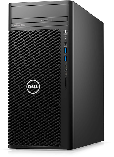 Dell Precision 3680 workstation front view, featuring Intel Core i5, 16GB RAM, NVIDIA T400, and 512GB SSD.