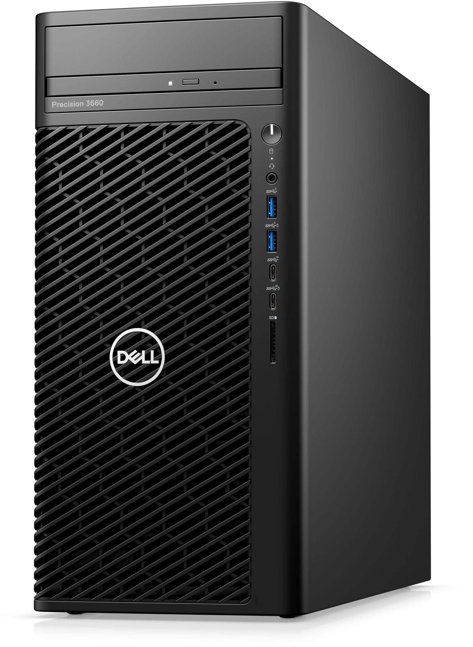 Dell Precision 3680 workstation front view, featuring Intel Core i5, 16GB RAM, NVIDIA T400, and 512GB SSD.