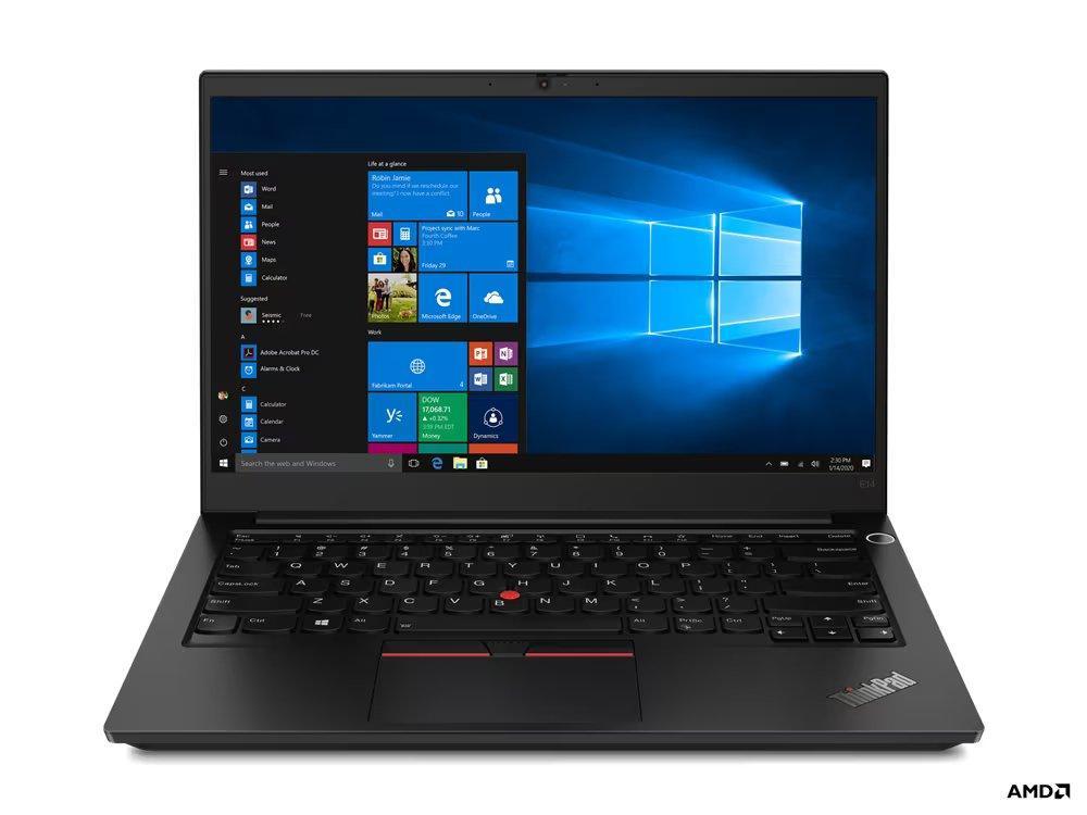 Lenovo E14 G6 laptop with AMD Ryzen 5, 14-inch display, Windows 11 Pro, and black keyboard.